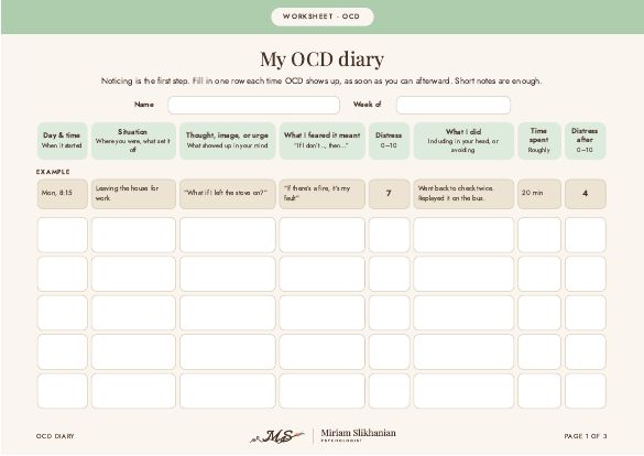 First page of the handout: My OCD diary