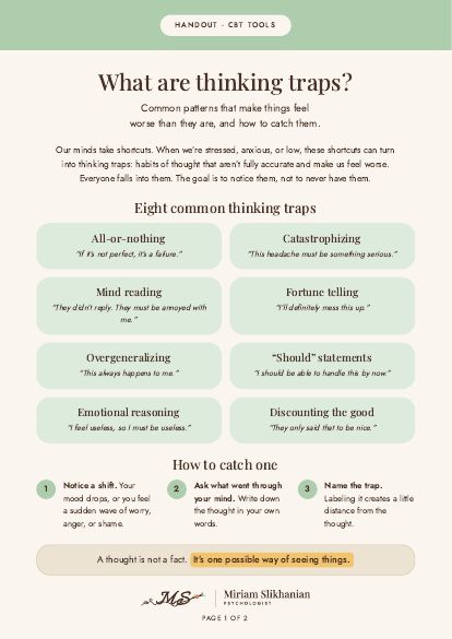 First page of the handout: What are thinking traps?