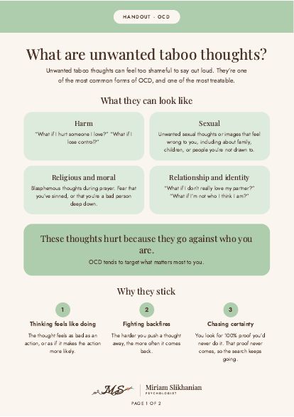 First page of the handout: What are unwanted taboo thoughts?
